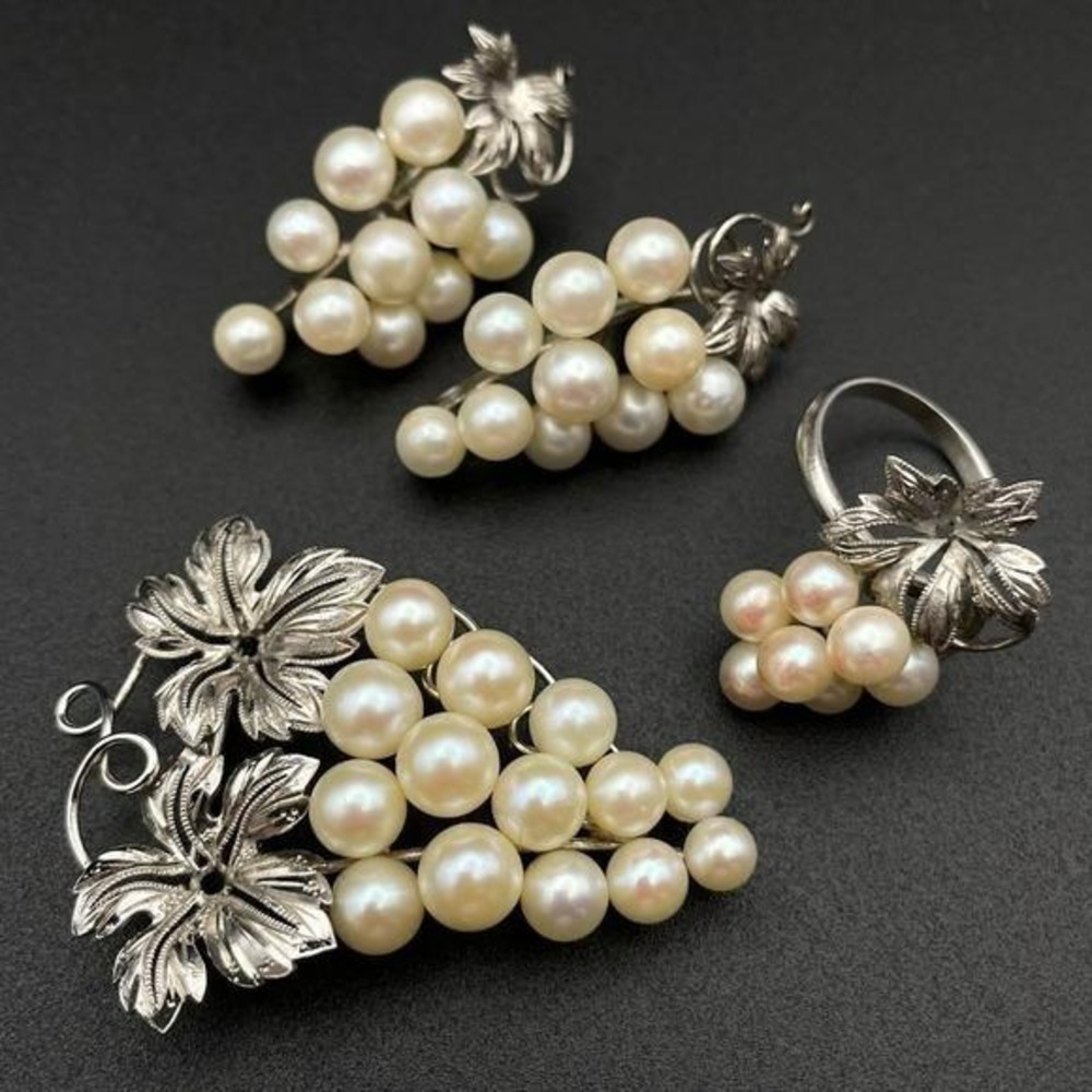 Vintage Sterling Japan Akoya Pearl Parure Grape Cluster Brooch Earring Ring Ring